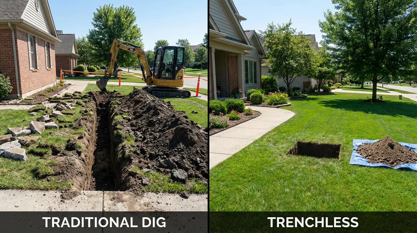 Trenchless sewer repair with minimal yard damage versus traditional excavation in Lena, IL