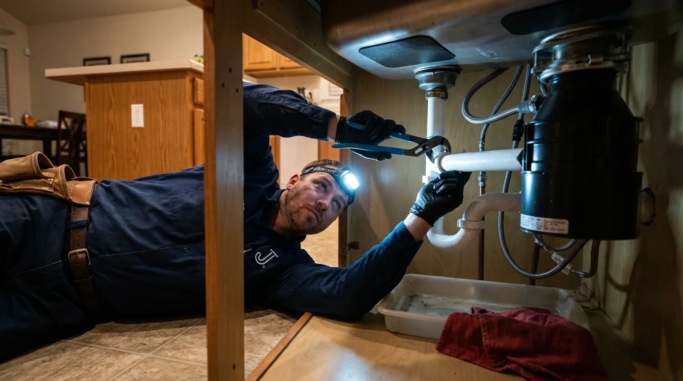 P-trap and supply line connections under a kitchen sink showing a common leak point in Lena, IL